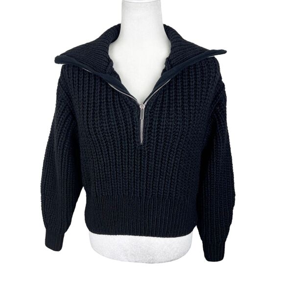 H&M Women Small Black Chunky Braided Knit Sweater Pullover 3/4 Zip Wool Blend - Picture 1 of 15